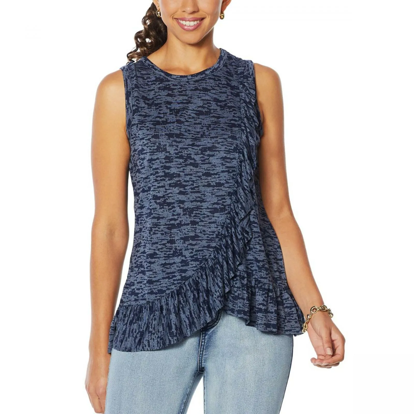 DG2 by Diane Gilman Women's Burnout Ruffle Tank Navy Medium