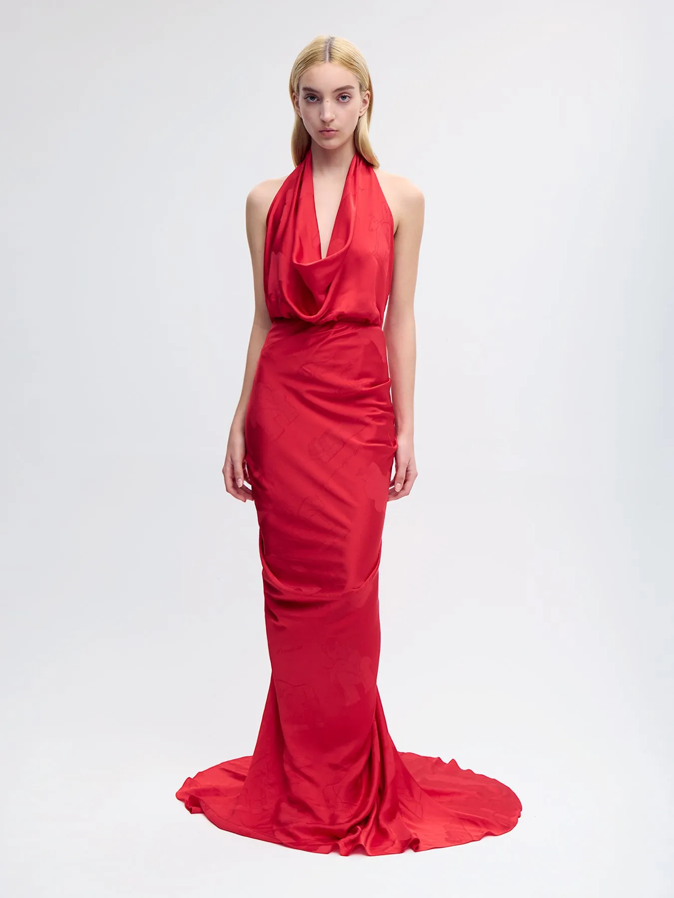 Draped Silk Maxi Skirt in Red