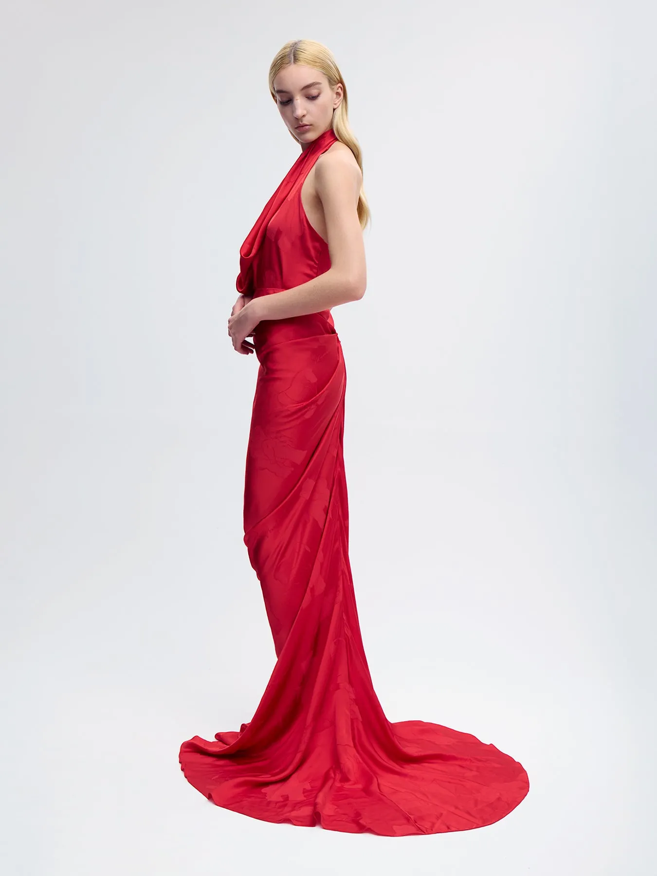 Draped Silk Maxi Skirt in Red