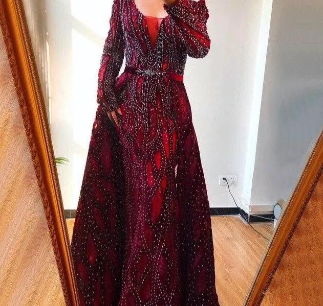 Dubai Blue Deep-V Crystal Sexy Evening Dresses Long Sleeves Luxury Mermaid Evening Gowns