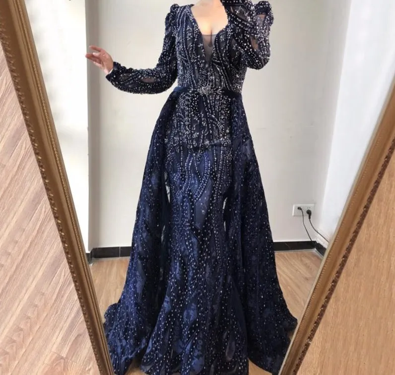 Dubai Blue Deep-V Crystal Sexy Evening Dresses Long Sleeves Luxury Mermaid Evening Gowns