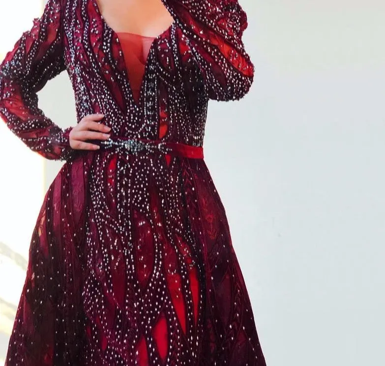 Dubai Blue Deep-V Crystal Sexy Evening Dresses Long Sleeves Luxury Mermaid Evening Gowns