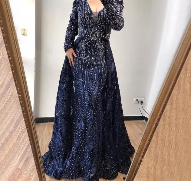 Dubai Blue Deep-V Crystal Sexy Evening Dresses Long Sleeves Luxury Mermaid Evening Gowns
