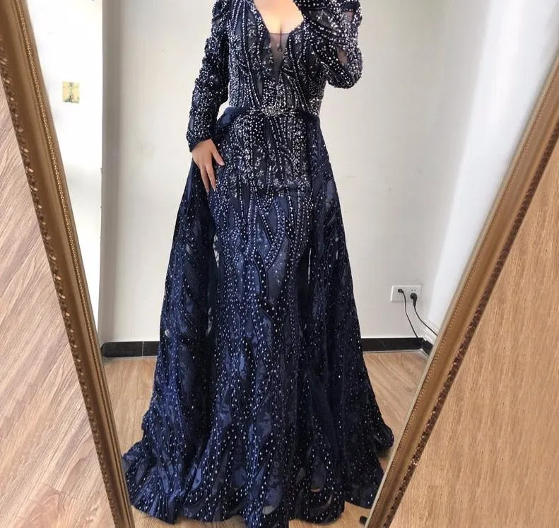 Dubai Blue Deep-V Crystal Sexy Evening Dresses Long Sleeves Luxury Mermaid Evening Gowns