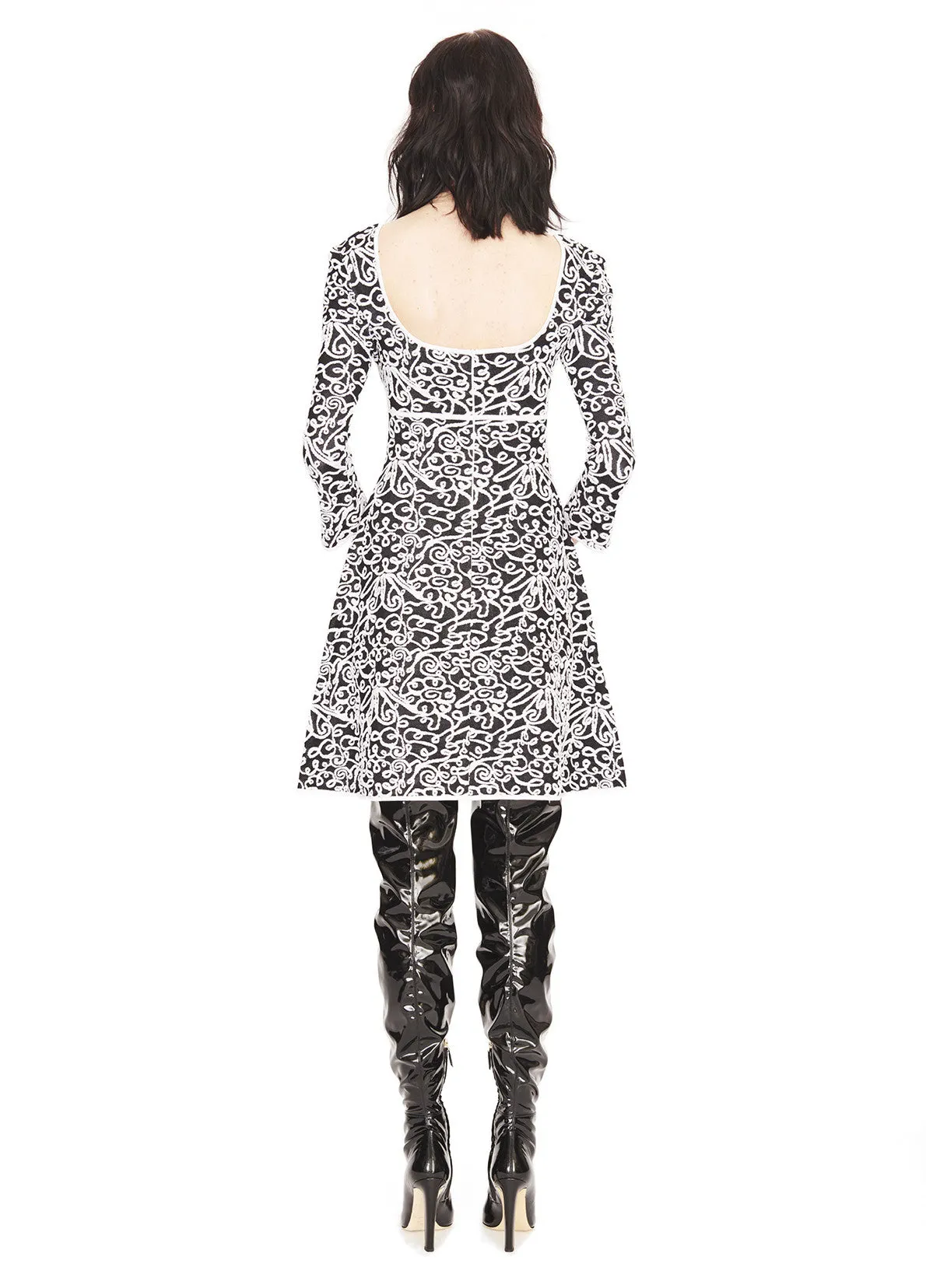 Edith - Knit Brocade Fabric, White and Textured Black Dress