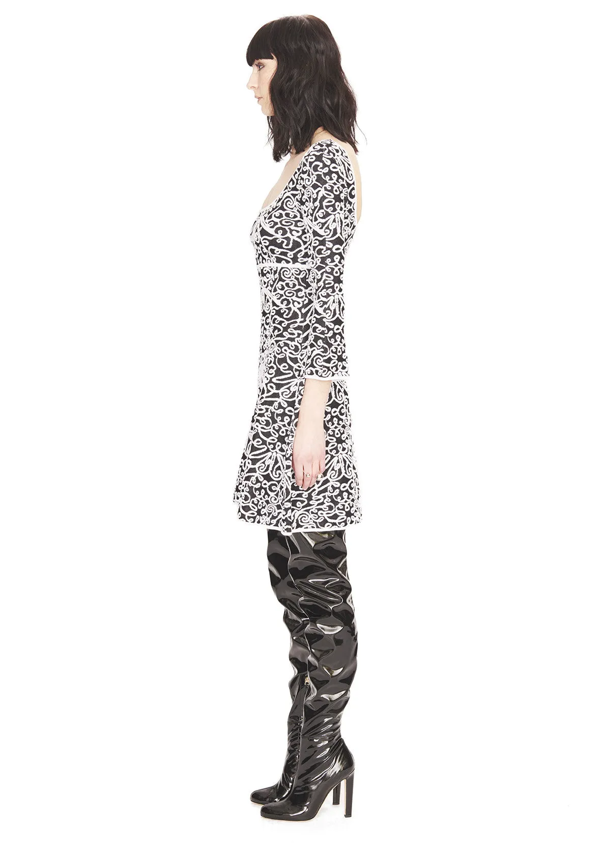 Edith - Knit Brocade Fabric, White and Textured Black Dress