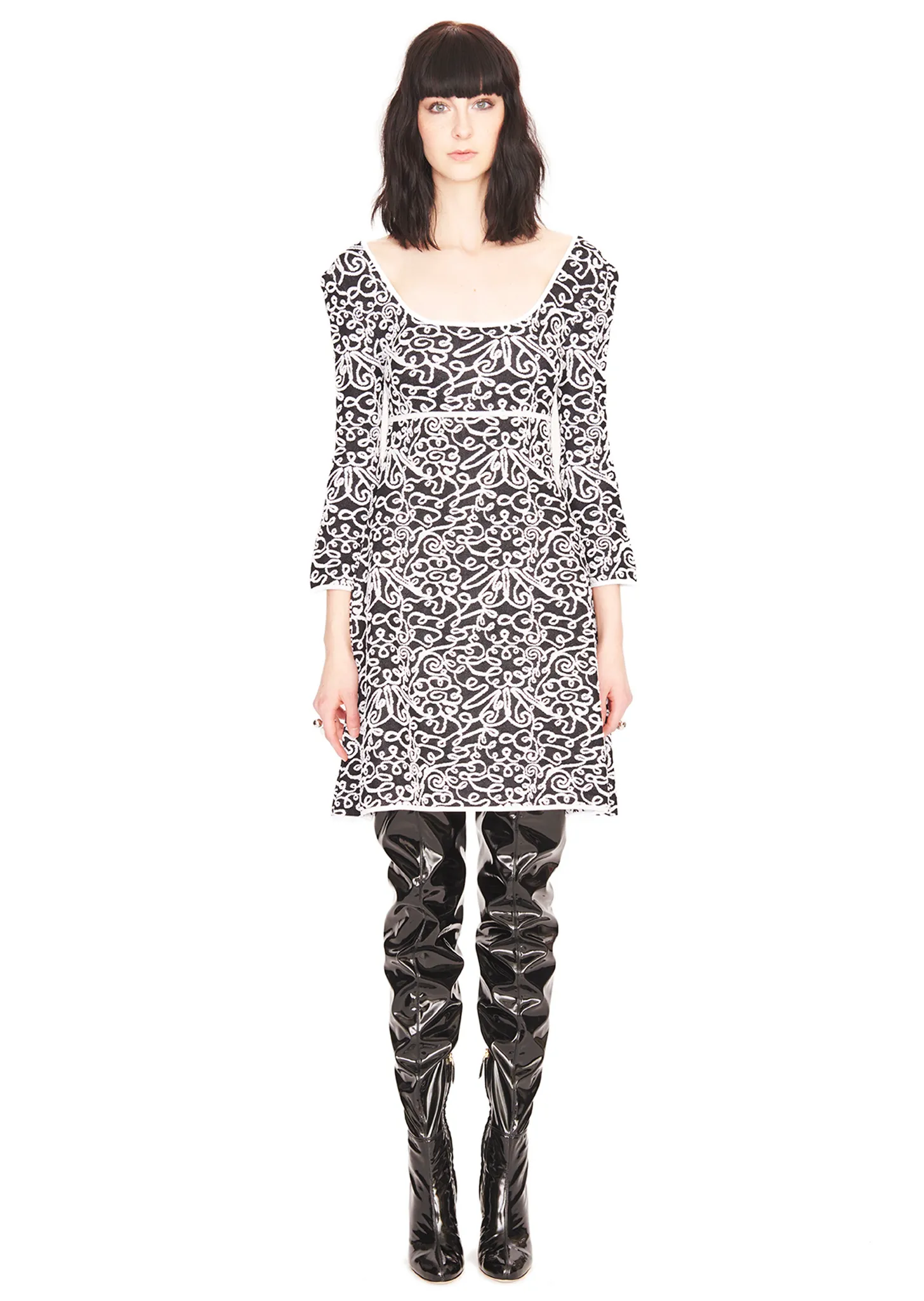 Edith - Knit Brocade Fabric, White and Textured Black Dress