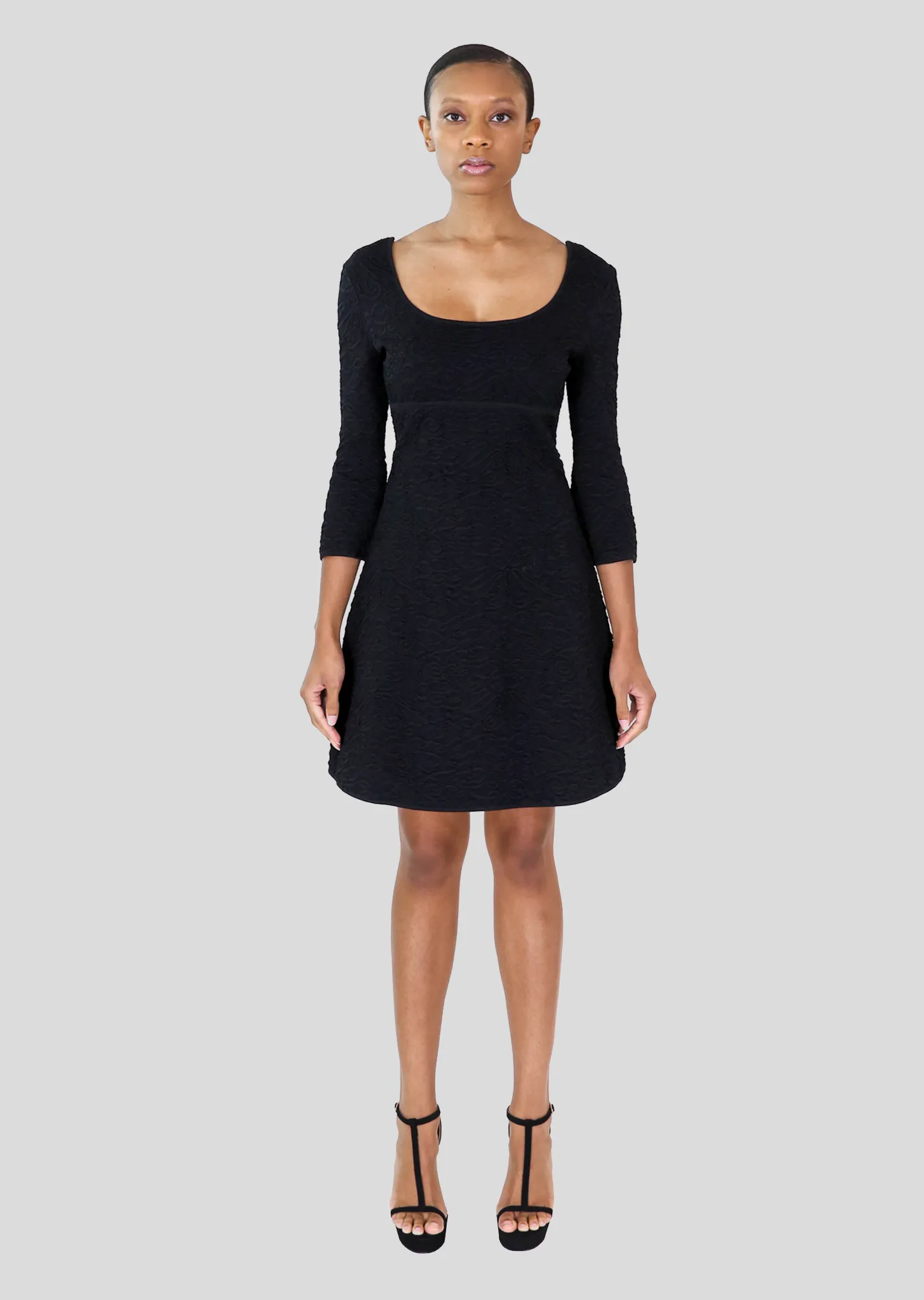 Edith - Knit Brocade Fabric, White and Textured Black Dress
