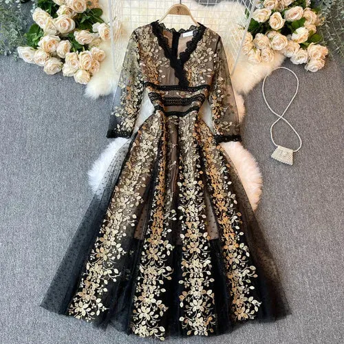 Elegant Floral Embroidered Maxi Dress