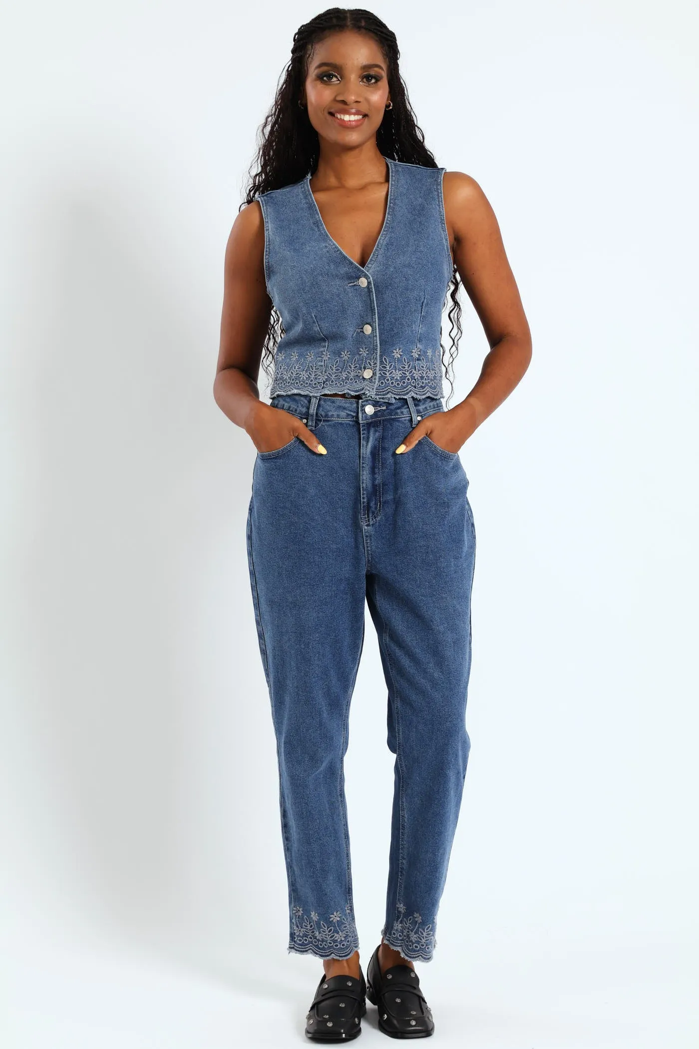 Embroidered Denim Waistcoat - Salty Mid Wash