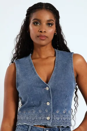 Embroidered Denim Waistcoat - Salty Mid Wash