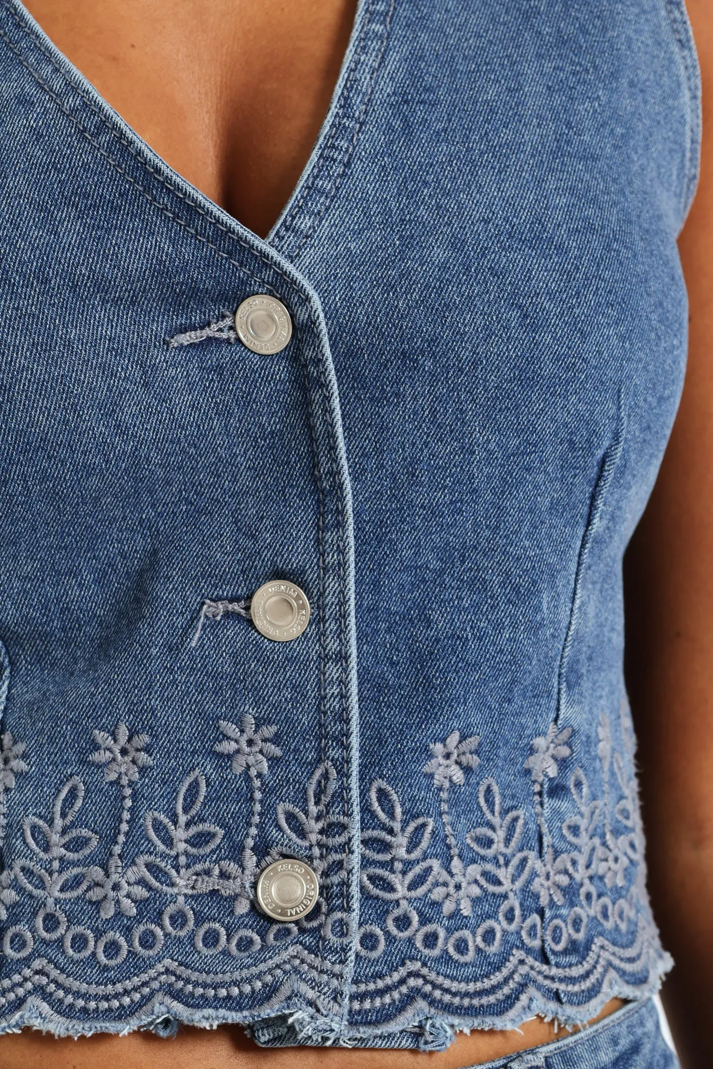 Embroidered Denim Waistcoat - Salty Mid Wash