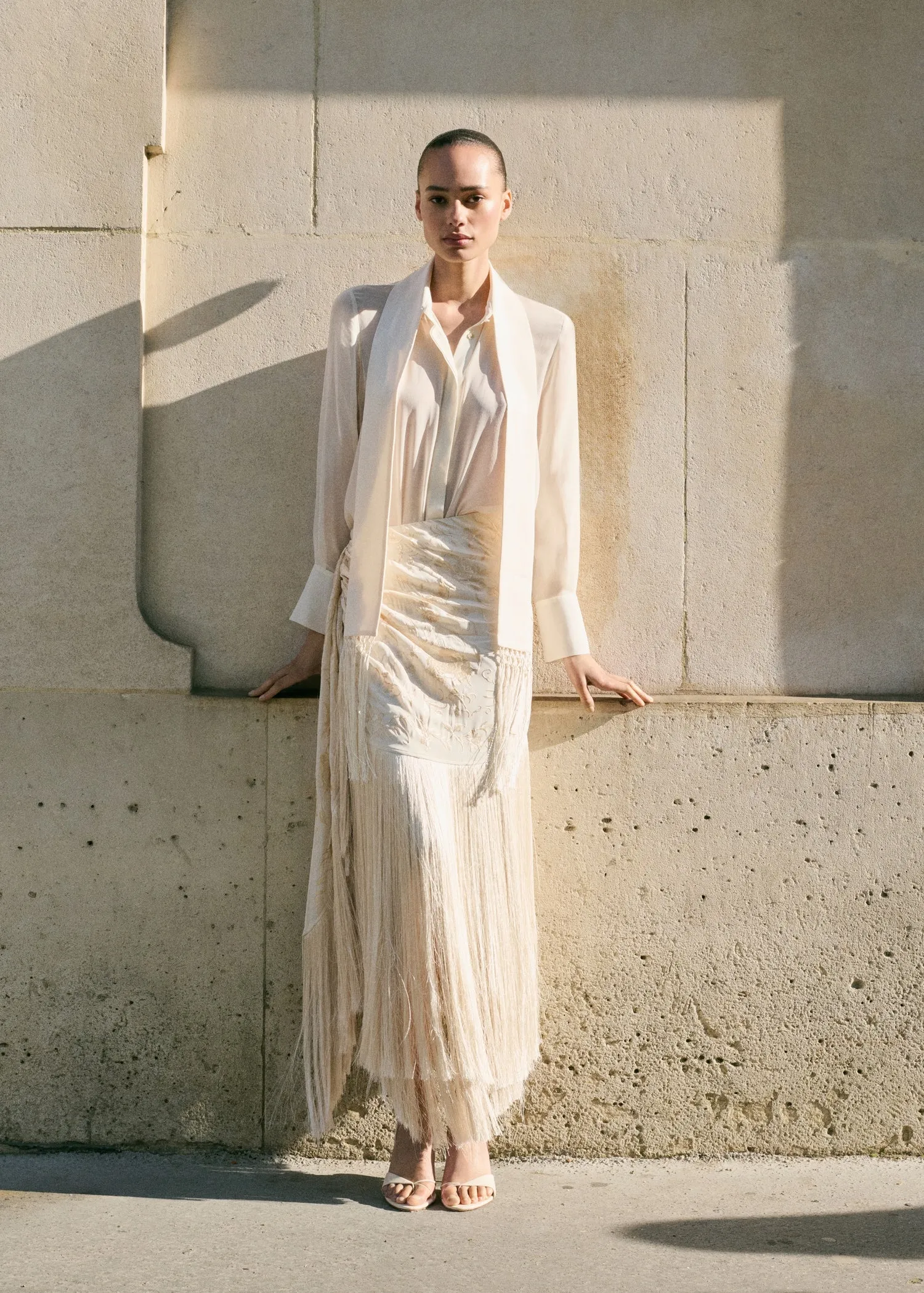 Embroidered fringe pareo-style skirt