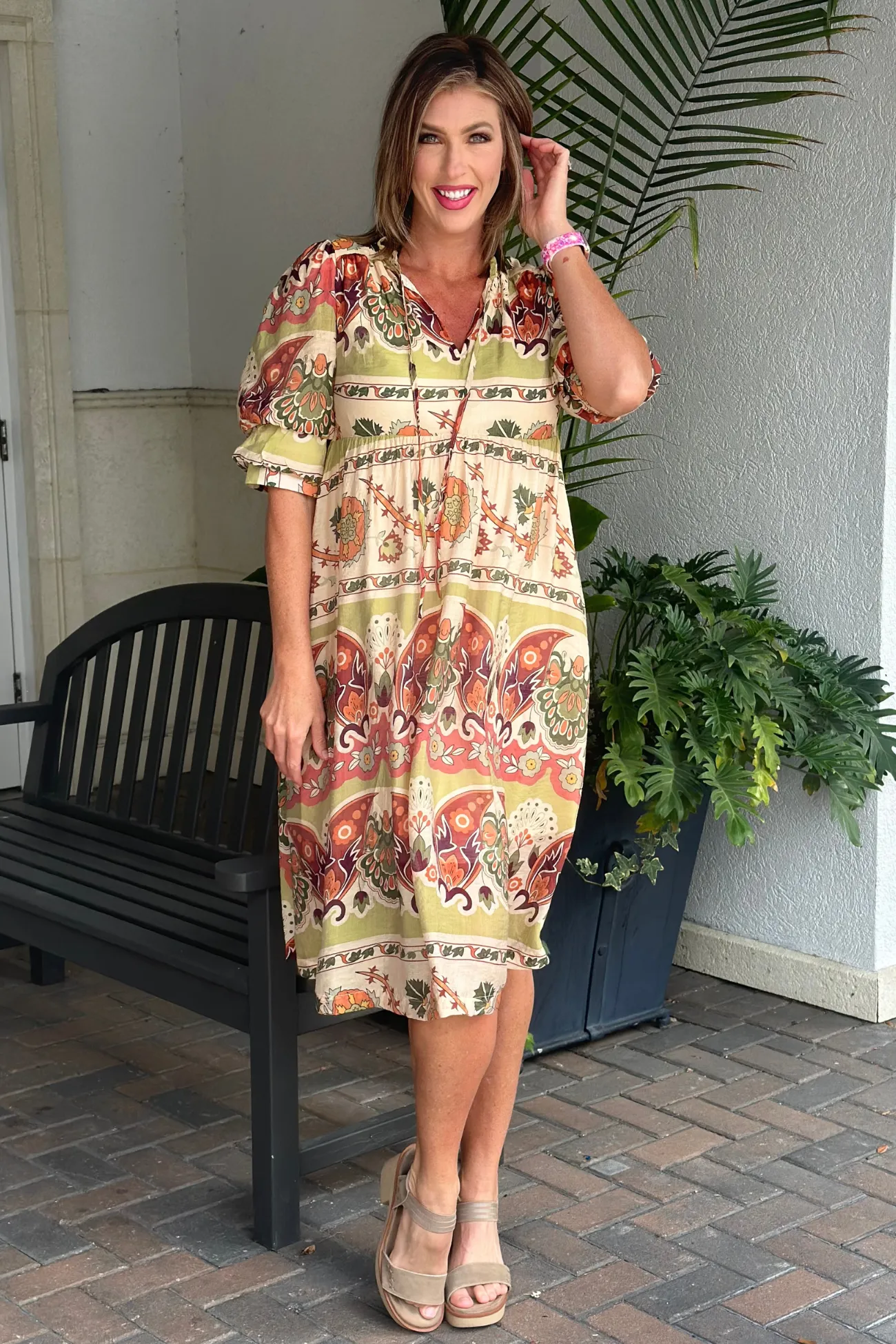 Emmers Border Print Tiered Midi Dress