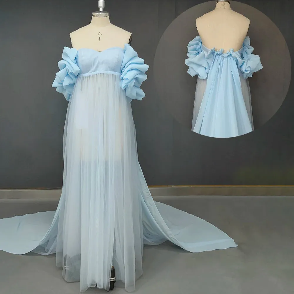 Empire Waist Off Shoulder Chiffon Wedding Maternity Dress Pick-Ups Customized High Split Long Simple Photography Bridal Gowns