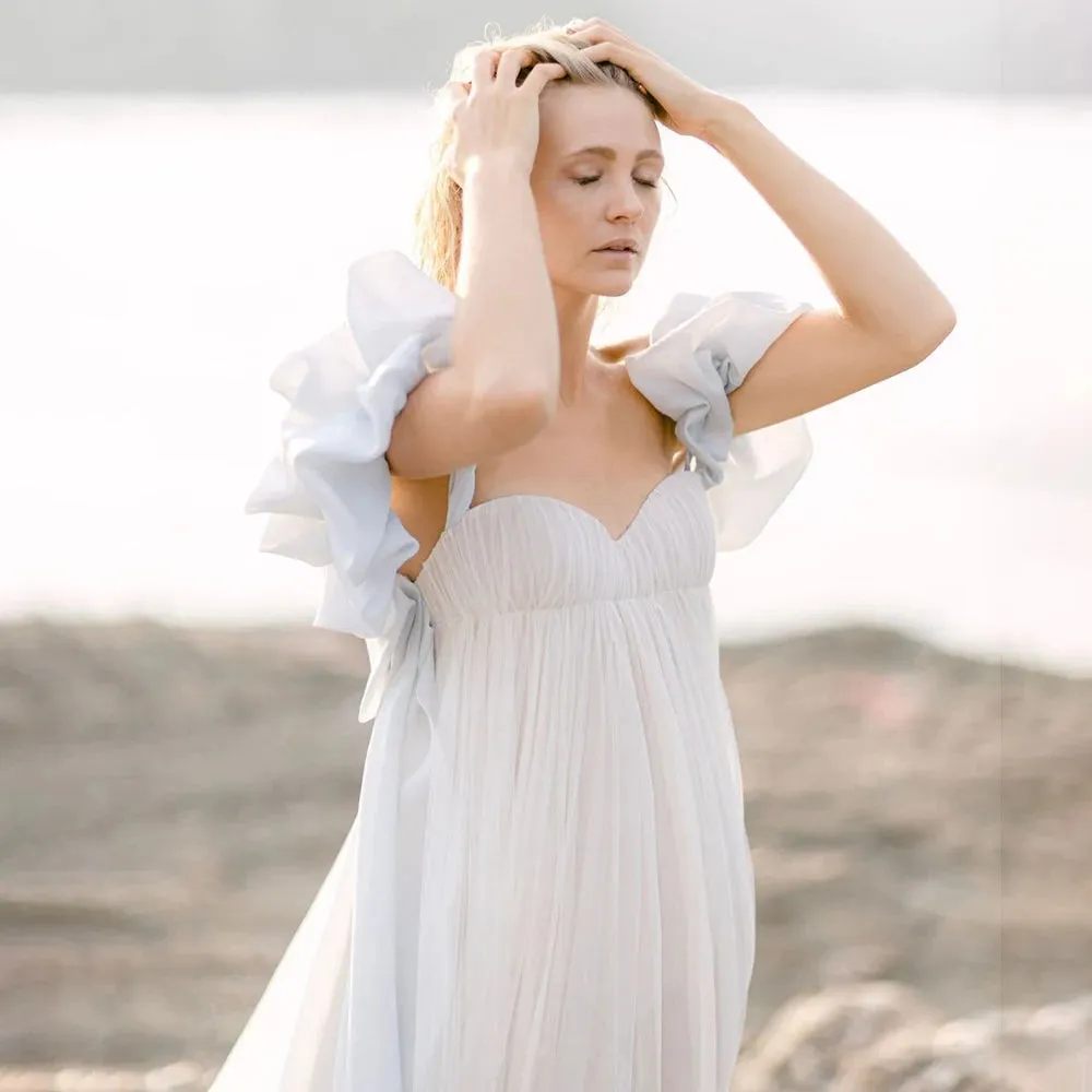 Empire Waist Off Shoulder Chiffon Wedding Maternity Dress Pick-Ups Customized High Split Long Simple Photography Bridal Gowns
