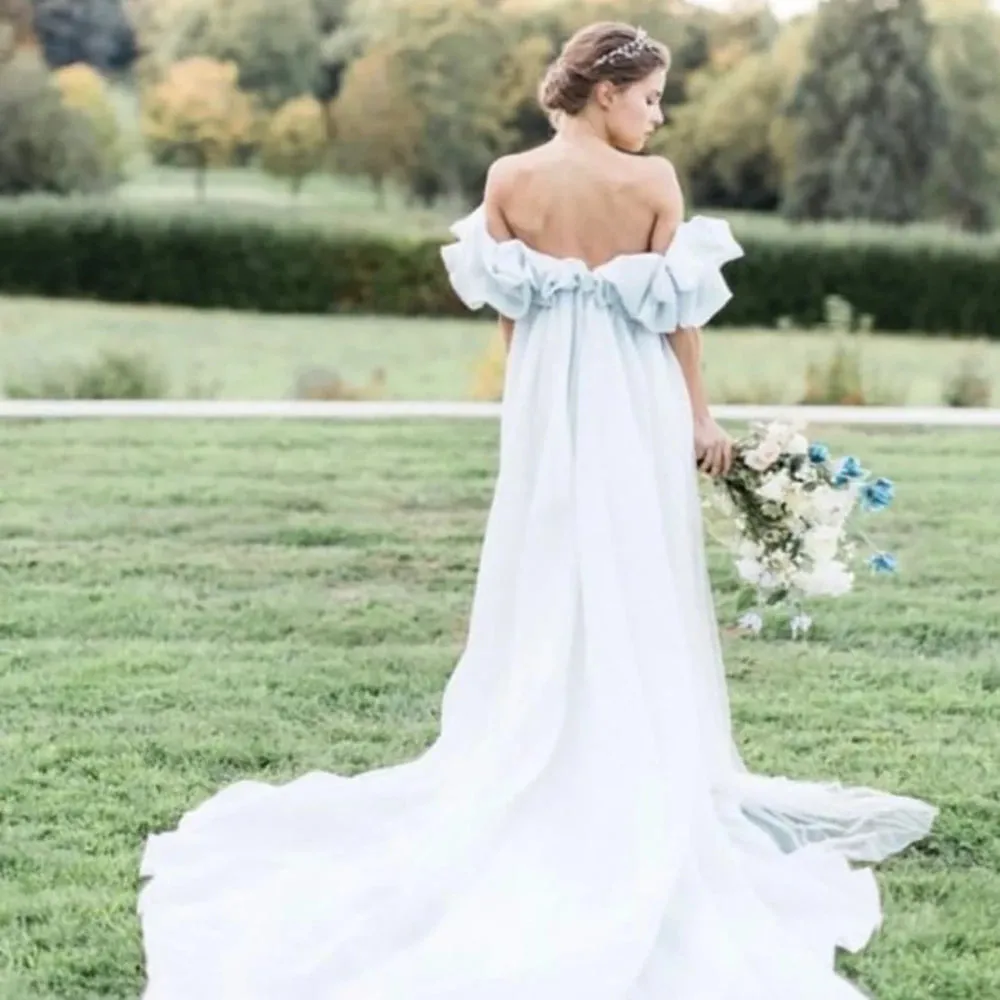 Empire Waist Off Shoulder Chiffon Wedding Maternity Dress Pick-Ups Customized High Split Long Simple Photography Bridal Gowns