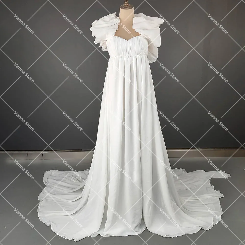 Empire Waist Off Shoulder Chiffon Wedding Maternity Dress Pick-Ups Customized High Split Long Simple Photography Bridal Gowns