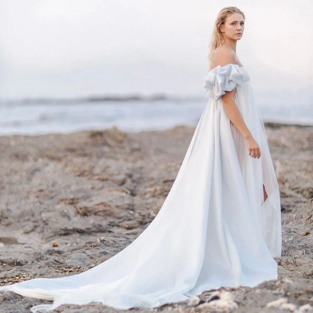 Empire Waist Off Shoulder Chiffon Wedding Maternity Dress Pick-Ups Customized High Split Long Simple Photography Bridal Gowns