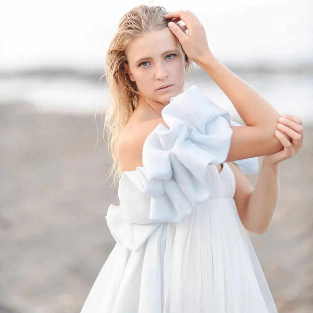 Empire Waist Off Shoulder Chiffon Wedding Maternity Dress Pick-Ups Customized High Split Long Simple Photography Bridal Gowns