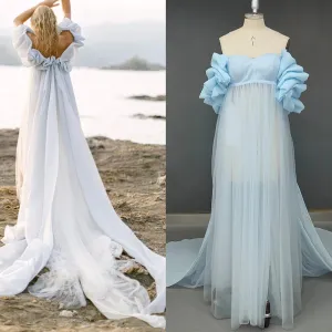 Empire Waist Off Shoulder Chiffon Wedding Maternity Dress Pick-Ups Customized High Split Long Simple Photography Bridal Gowns