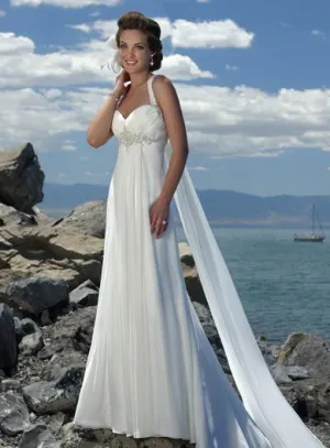 Empire Waist Spaghetti Straps Brush Train Chiffon Beach Wedding Dress-708722