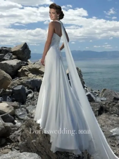 Empire Waist Spaghetti Straps Brush Train Chiffon Beach Wedding Dress-708722