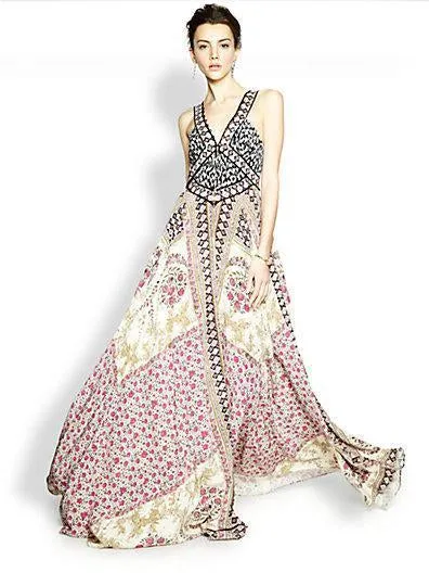 Ethnic Printed Empire Loose V-neck Maxi Dresses