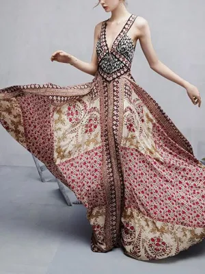 Ethnic Printed Empire Loose V-neck Maxi Dresses