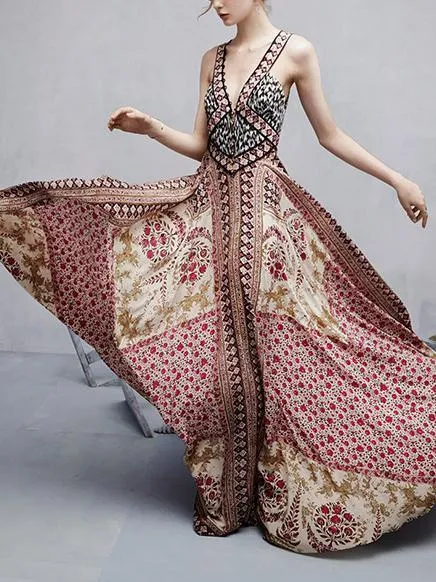 Ethnic Printed Empire Loose V-neck Maxi Dresses