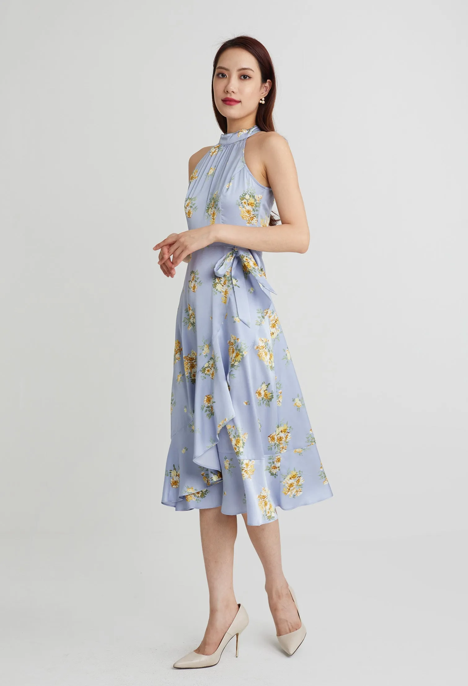 Fancy Cluster Floral Halter Ruffled Dress
