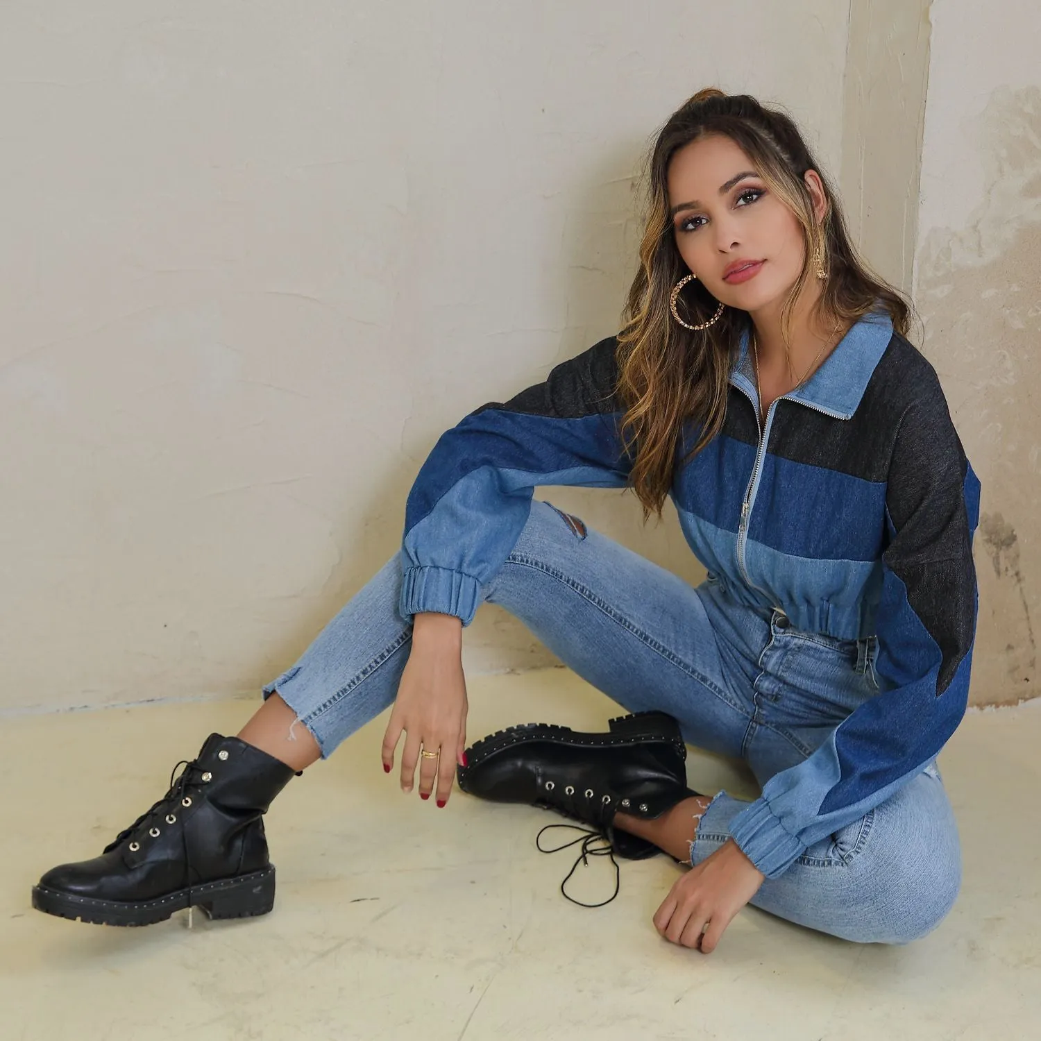 Fashion Colorblock Denim Short Collar Jacket