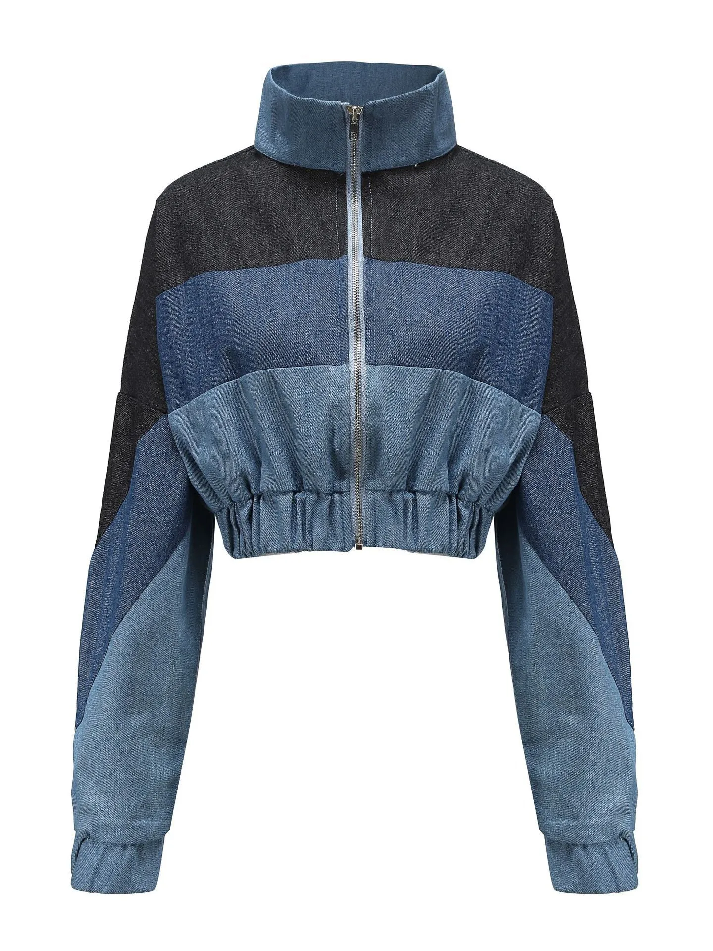 Fashion Colorblock Denim Short Collar Jacket