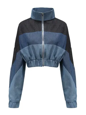 Fashion Colorblock Denim Short Collar Jacket