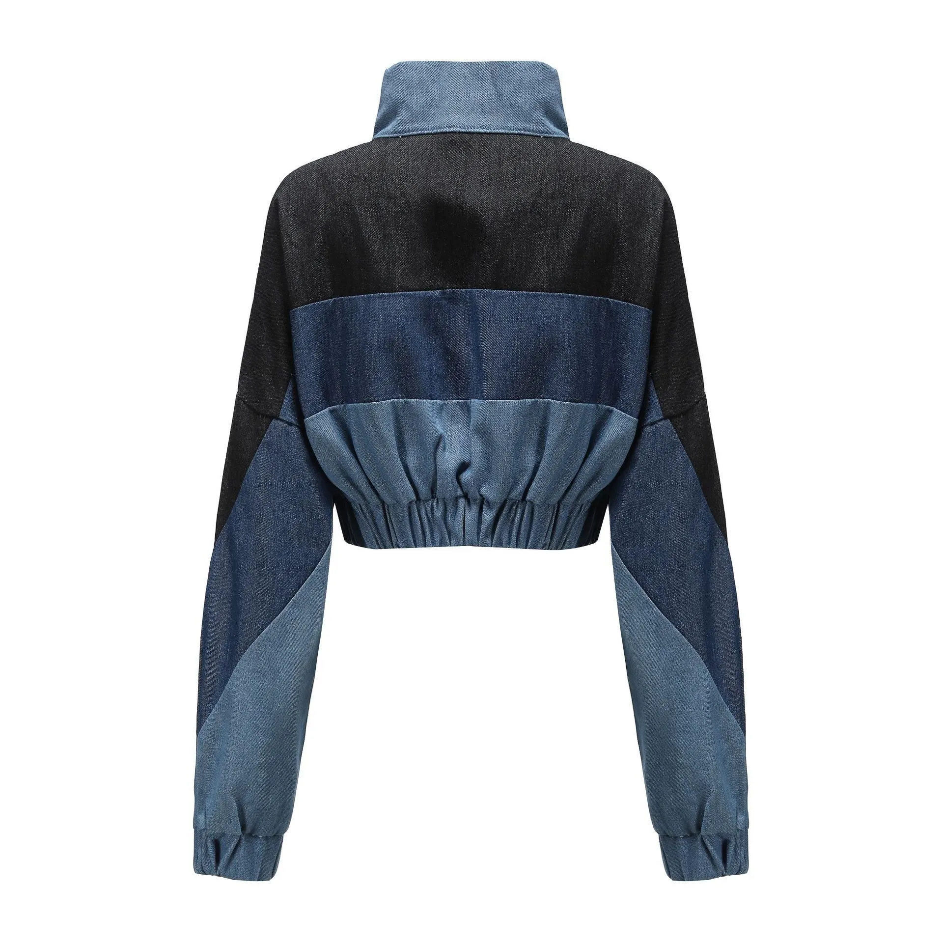 Fashion Colorblock Denim Short Collar Jacket