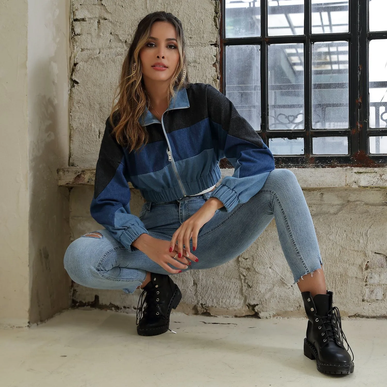 Fashion Colorblock Denim Short Collar Jacket