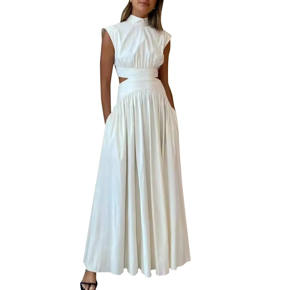 Fashion Cut Out Dress For Women Stand Collar Sleeveless High Waist Solid