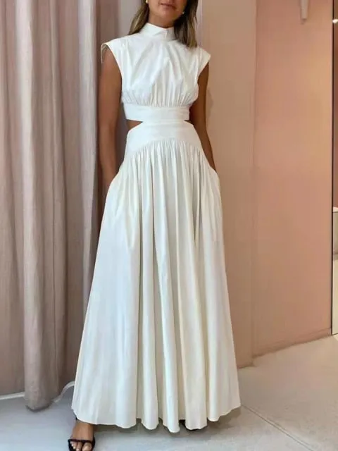Fashion Cut Out Dress For Women Stand Collar Sleeveless High Waist Solid