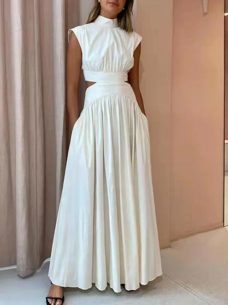 Fashion Cut Out Dress For Women Stand Collar Sleeveless High Waist Solid