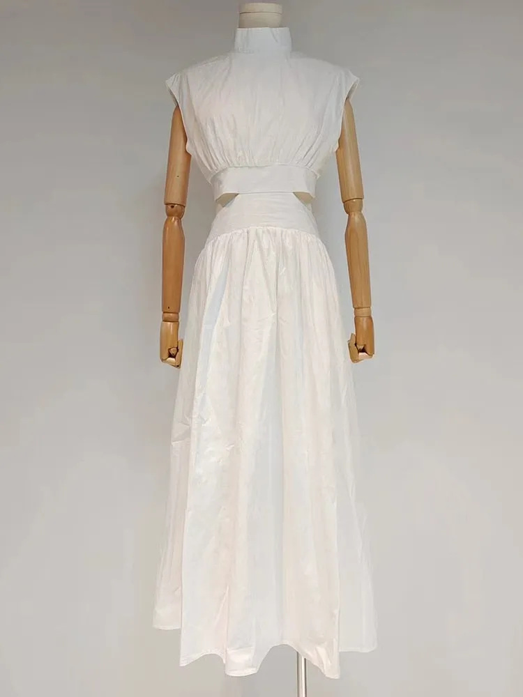 Fashion Cut Out Dress For Women Stand Collar Sleeveless High Waist Solid