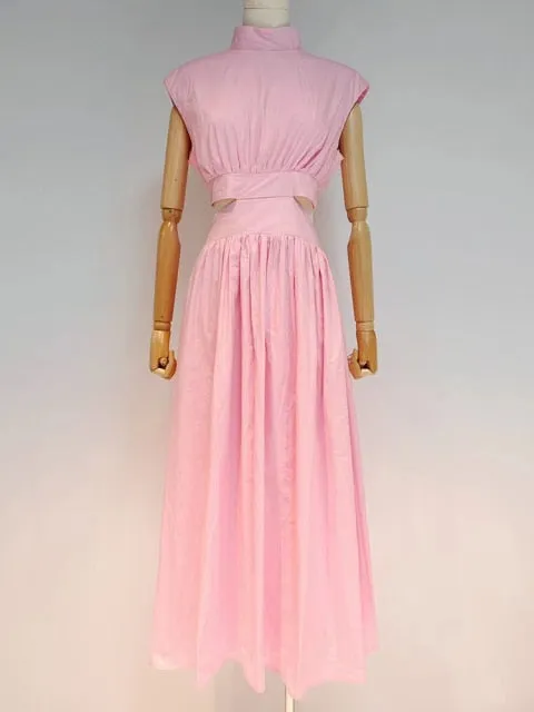 Fashion Cut Out Dress For Women Stand Collar Sleeveless High Waist Solid