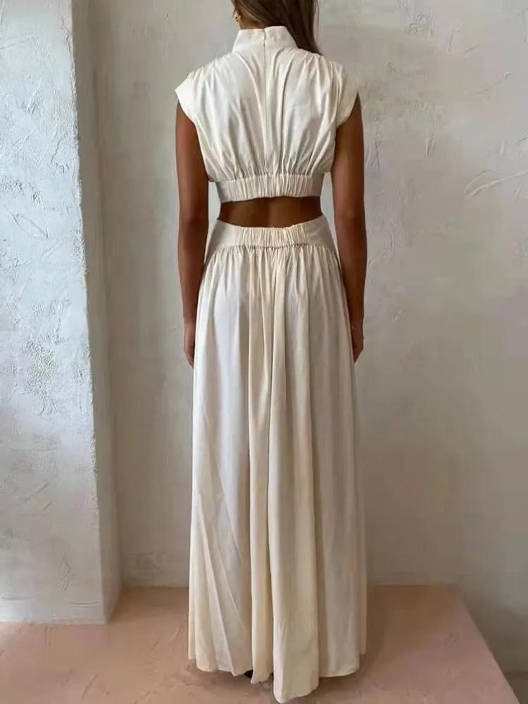 Fashion Cut Out Dress For Women Stand Collar Sleeveless High Waist Solid