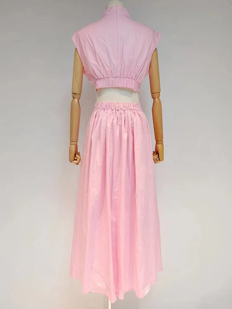 Fashion Cut Out Dress For Women Stand Collar Sleeveless High Waist Solid