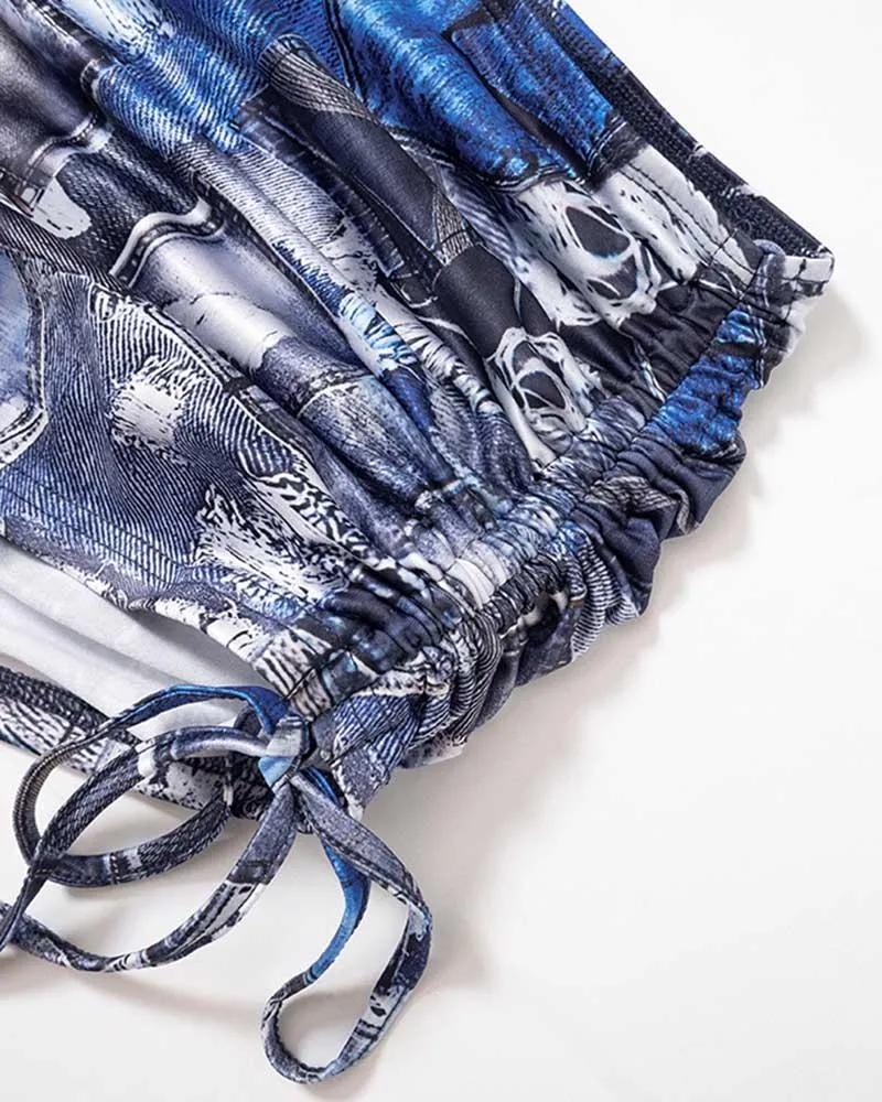 Faux Denim Patch Drawstring Coord Set