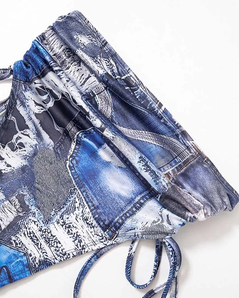 Faux Denim Patch Drawstring Coord Set