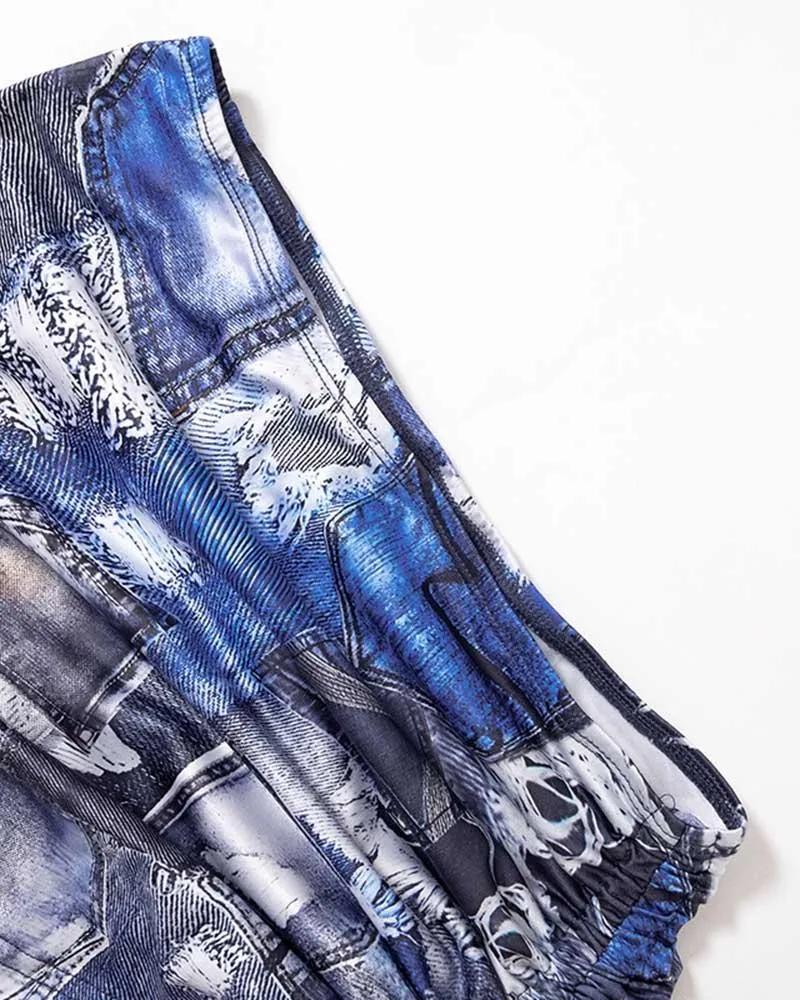 Faux Denim Patch Drawstring Coord Set