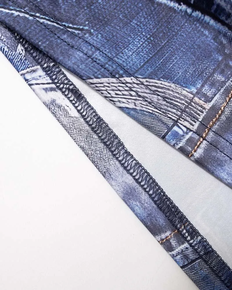 Faux Denim Patch Drawstring Coord Set