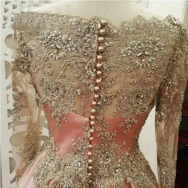 Floor Length Long Sleeves Prom Dress with Gold Appliques Beaded Evening Dresses