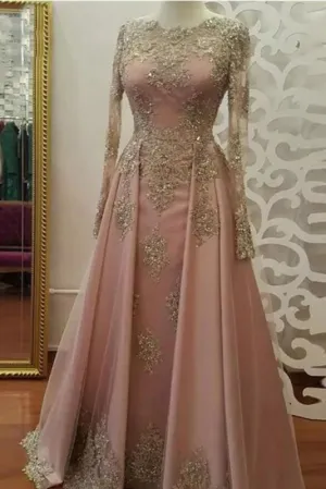 Floor Length Long Sleeves Prom Dress with Gold Appliques Beaded Evening Dresses