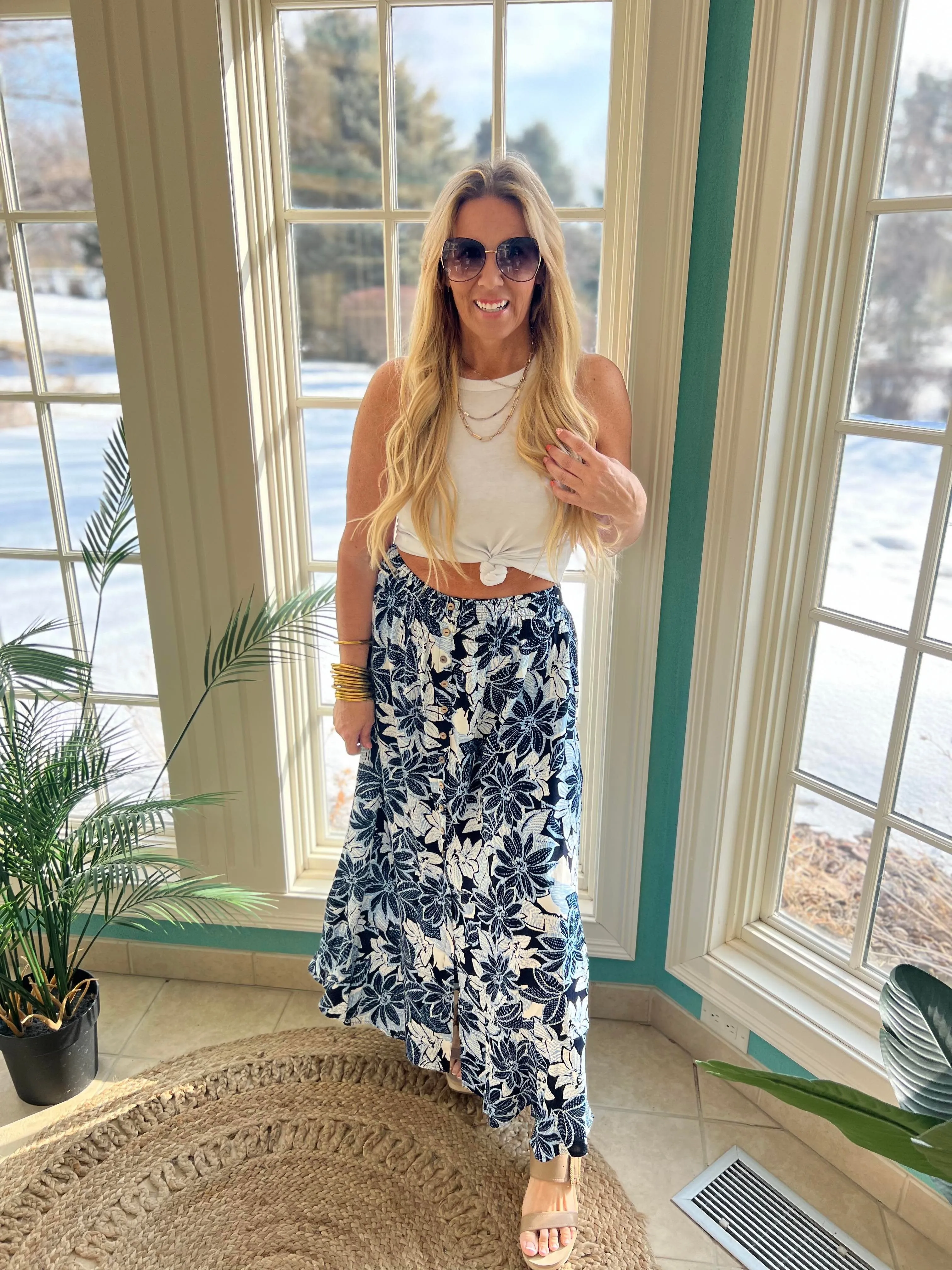 Floral Button Front Smocked Maxi Skirt - Final Sale